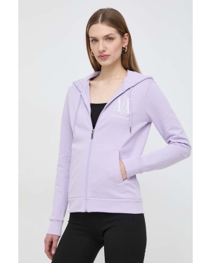 Armani Exchange bluza bawełniana damska kolor fioletowy z kapturem gładka