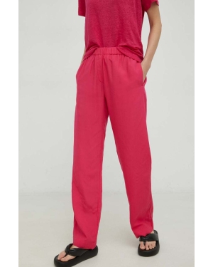 Samsoe Samsoe spodnie z domieszką lnu kolor różowy proste medium waist
