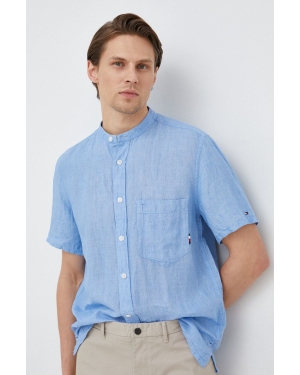 Tommy Hilfiger koszula lniana kolor niebieski regular ze stójką