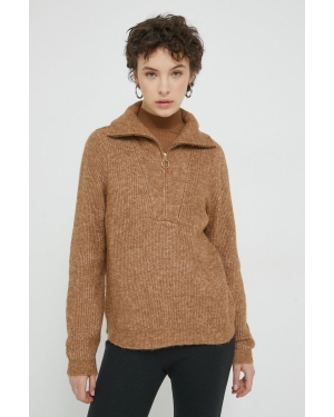 Vila sweter damski kolor brązowy lekki z półgolfem