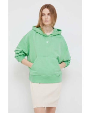 Calvin Klein Jeans bluza bawełniana damska kolor zielony z kapturem z nadrukiem