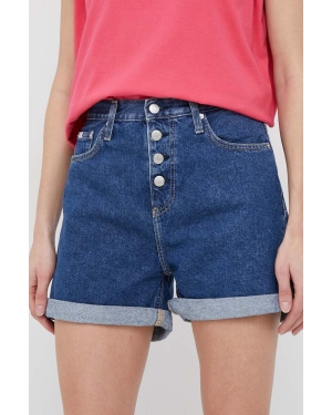 Calvin Klein Jeans szorty jeansowe damskie kolor granatowy gładkie high waist