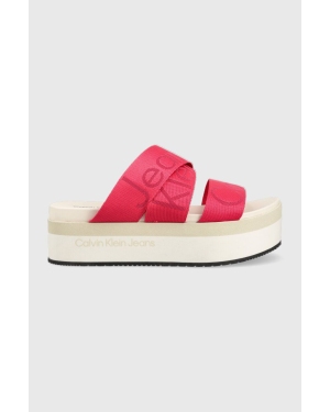 Calvin Klein Jeans klapki FLATFORM SANDAL WEBBING damskie kolor różowy na platformie YW0YW00966