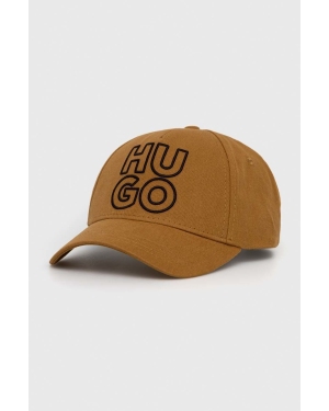 HUGO czapka z daszkiem bawełniana kolor brązowy z aplikacją