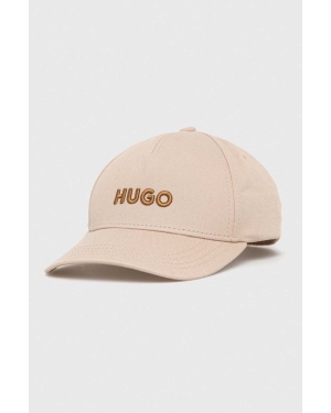 HUGO czapka z daszkiem bawełniana kolor beżowy z aplikacją