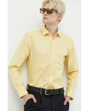 HUGO koszula bawełniana męska kolor żółty slim z kołnierzykiem klasycznym