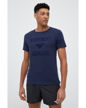 Emporio Armani Underwear t-shirt plażowy z domieszką lnu kolor granatowy z aplikacją