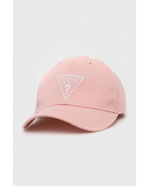 Guess czapka bawełniana kolor różowy z aplikacją