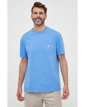 Polo Ralph Lauren t-shirt z domieszką lnu kolor niebieski gładki