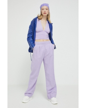 Abercrombie & Fitch spodnie lniane kolor fioletowy szerokie high waist
