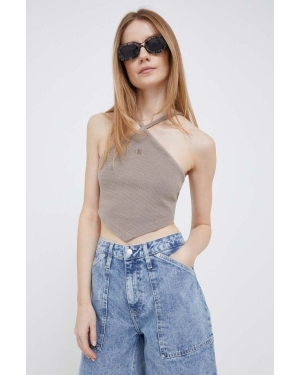 Calvin Klein Jeans top bawełniany kolor brązowy cold shoulder