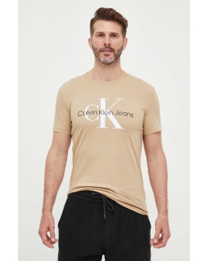 Calvin Klein Jeans t-shirt bawełniany kolor beżowy z nadrukiem