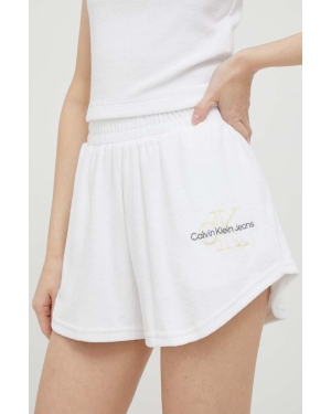 Calvin Klein Jeans szorty damskie kolor biały z nadrukiem high waist