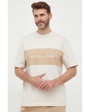 Calvin Klein Jeans t-shirt bawełniany kolor beżowy wzorzysty