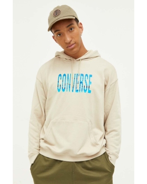 Converse bluza męska kolor beżowy z kapturem z nadrukiem