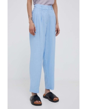 Dkny spodnie lniane kolor niebieski dopasowane high waist