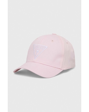 Guess czapka z daszkiem bawełniana kolor różowy z aplikacją