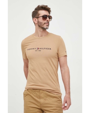 Tommy Hilfiger t-shirt bawełniany kolor beżowy z aplikacją