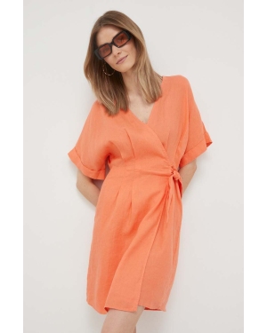 United Colors of Benetton sukienka lniana kolor pomarańczowy mini rozkloszowana