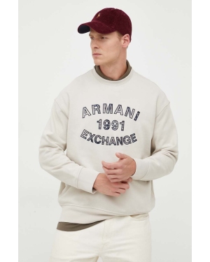 Armani Exchange bluza bawełniana męska kolor beżowy z aplikacją