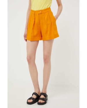 Sisley szorty lniane kolor pomarańczowy gładkie high waist