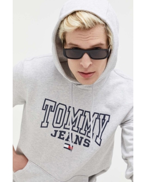 Tommy Jeans bluza bawełniana męska kolor szary z kapturem z nadrukiem