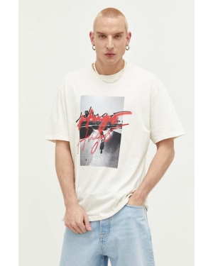 HUGO t-shirt bawełniany kolor beżowy z nadrukiem