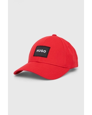 HUGO czapka z daszkiem bawełniana kolor czerwony z aplikacją