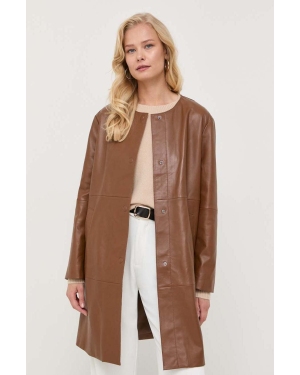 Weekend Max Mara płaszcz skórzany damski kolor brązowy przejściowy oversize