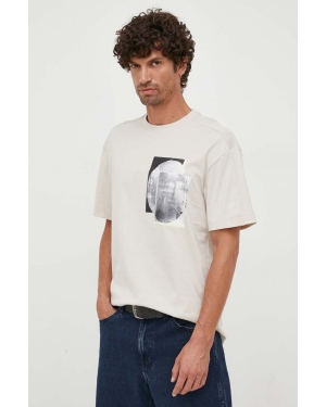 Calvin Klein t-shirt bawełniany kolor beżowy z nadrukiem
