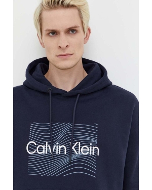 Calvin Klein bluza bawełniana męska kolor granatowy z kapturem z nadrukiem