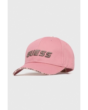 Guess czapka z daszkiem bawełniana kolor różowy z aplikacją