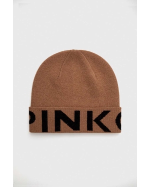 Pinko czapka wełniana kolor brązowy z cienkiej dzianiny wełniana