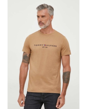 Tommy Hilfiger t-shirt bawełniany kolor brązowy z aplikacją
