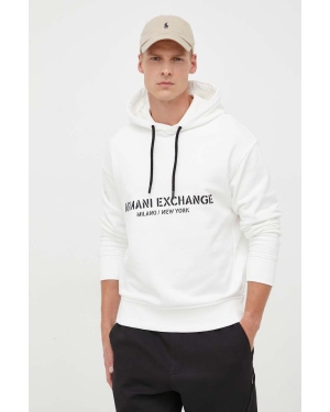 Armani Exchange bluza bawełniana męska kolor beżowy z kapturem z nadrukiem
