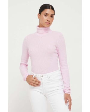 Tommy Jeans sweter damski kolor różowy lekki z golfem