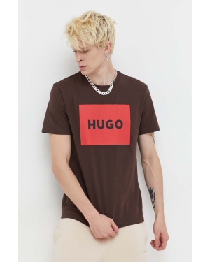 HUGO t-shirt bawełniany kolor brązowy z nadrukiem
