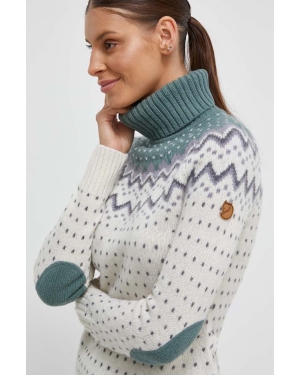 Fjallraven sweter wełniany damski kolor biały lekki z golfem