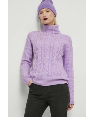 Medicine sweter z domieszką wełny damski kolor fioletowy z golfem
