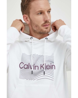 Calvin Klein bluza bawełniana męska kolor biały z kapturem z nadrukiem
