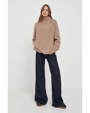Calvin Klein sweter wełniany damski kolor beżowy ciepły z półgolfem