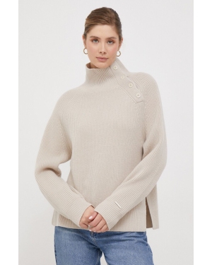 Calvin Klein sweter wełniany damski kolor beżowy ciepły z półgolfem