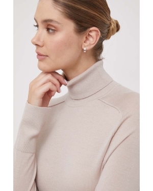 Calvin Klein sweter wełniany damski kolor beżowy lekki z golfem