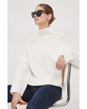 Calvin Klein sweter wełniany damski kolor beżowy z półgolfem