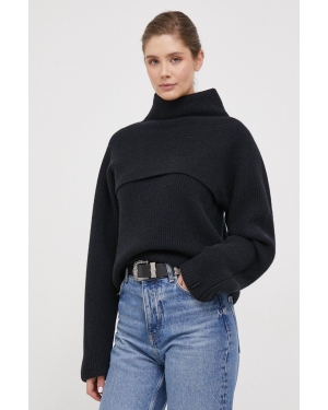 Calvin Klein sweter wełniany damski kolor czarny ciepły z golfem