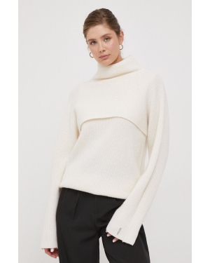 Calvin Klein sweter wełniany damski kolor beżowy ciepły z golfem