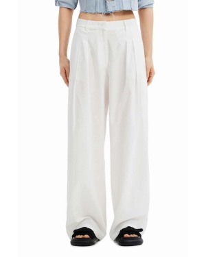 Desigual spodnie z domieszką lnu kolor biały szerokie medium waist