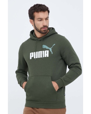 Puma bluza męska kolor zielony z kapturem z nadrukiem