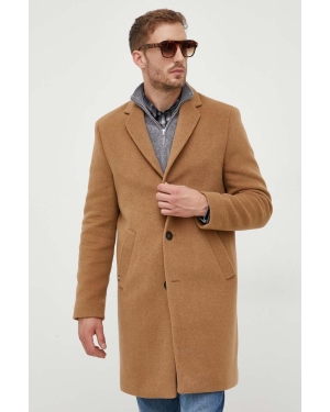 Tommy Hilfiger płaszcz wełniany kolor brązowy przejściowy