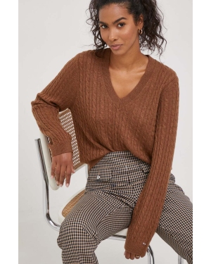 Tommy Hilfiger sweter wełniany damski kolor brązowy lekki